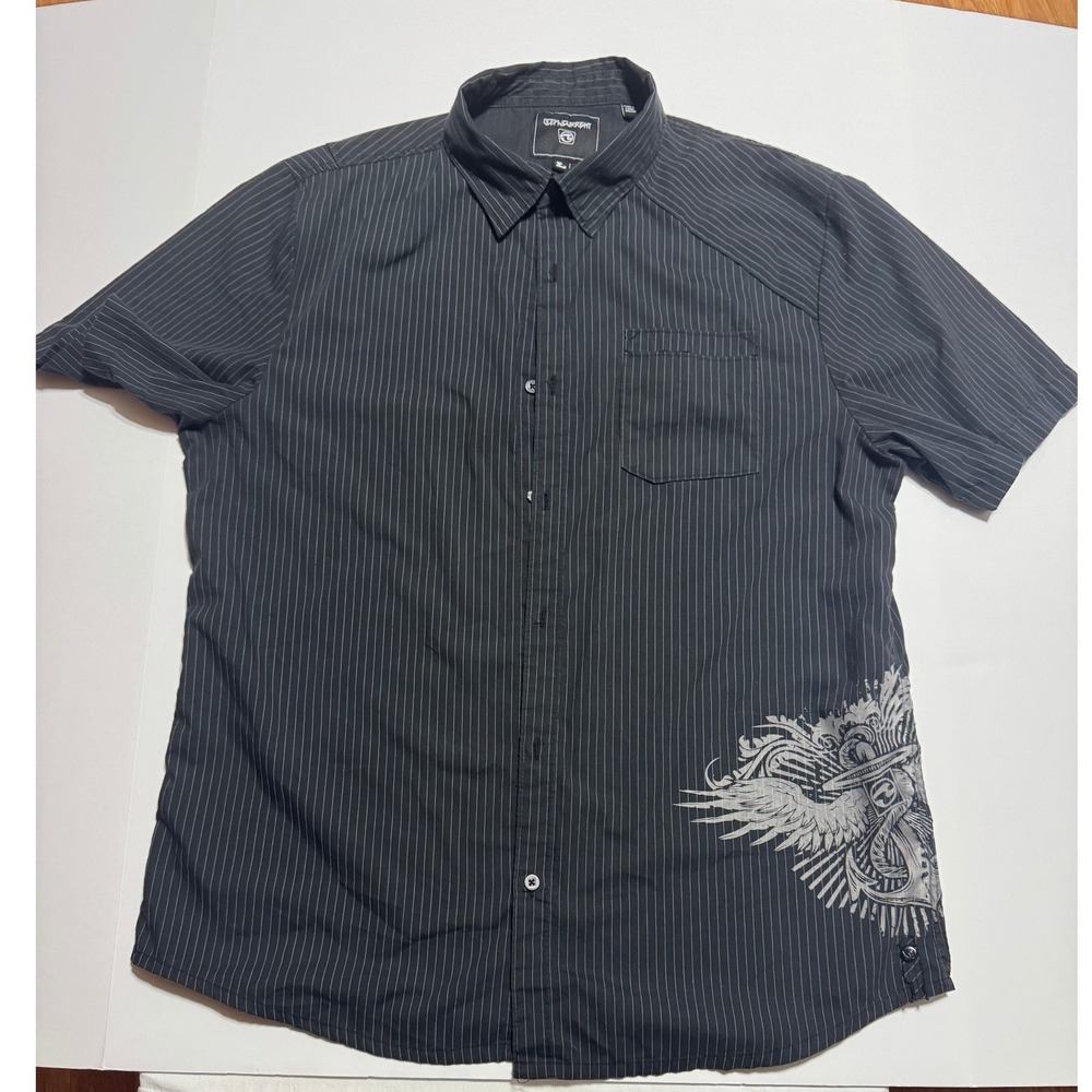 Ocean Current Mens Large Black Pinstripe Graphic Short Sleeve Button Down Shirt